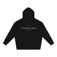 Wolvyn Apparel Foundations 002 oversized black fleeced hoodie, back view with FOUNDATIONS and SERIES 002.