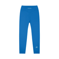 Wolvyn Apparel Standard Issue High-Waisted Yoga Leggings, blue, back view with curved seam and white logo.