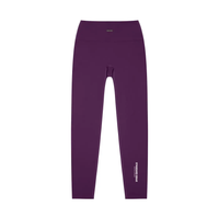 Wolvyn Apparel Standard Issue high-waisted leggings in purple, flat lay view with white STANDARD ISSUE text on leg.