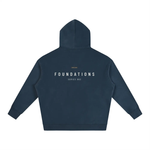 Back view of navy oversized fleeced hoodie, Foundations 002, Wolvyn Apparel.