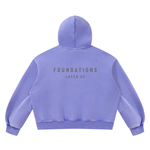 Back view of lavender fleece hoodie with FOUNDATIONS LAYER 02 print; boxy fit, Wolvyn Apparel, Foundations collection.