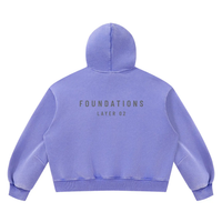Back view of lavender fleece hoodie with FOUNDATIONS LAYER 02 print; boxy fit, Wolvyn Apparel, Foundations collection.