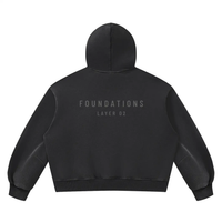 Hoodie back view in black fleece with FOUNDATIONS LAYER 02 text, Wolvyn Apparel Foundations collection.