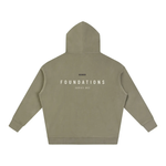 Wolvyn Apparel Foundations 002 oversized fleece hoodie in olive, back view with FOUNDATIONS SERIES 002 branding ODMPOD