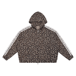 ODMPOD Unisex leopard full-zip hoodie with white striped sleeves, front view.