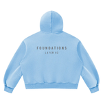 Wolvyn Apparel Foundations Layer 02 unisex vintage-wash boxy fleece hoodie, back view in light blue