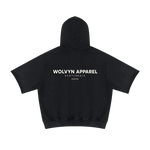 Wolvyn Apparel hoodie, black mineral-wash unisex short-sleeve with back WOLVYN APPAREL logo.