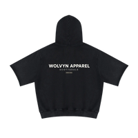 Wolvyn Apparel hoodie, black mineral-wash unisex short-sleeve with back WOLVYN APPAREL logo.