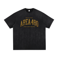 T-shirt in black vintage-washed with gold Area 480 arch lettering and Wolvyn Apparel branding.