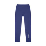 Leggings, ODMPOD Standard Issue blue high-waisted yoga leggings; back waistband tag, white STANDARD ISSUE text on lower leg.