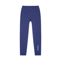 Leggings, ODMPOD Standard Issue blue high-waisted yoga leggings; back waistband tag, white STANDARD ISSUE text on lower leg.