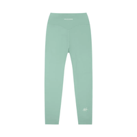 Wolvyn Apparel Standard Issue high-waisted leggings in sage green with white logo at back ankle.