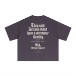 Wolvyn Apparel Identity Essential Sorona Boxy Tshirt on dark purple with white gothic back print and logo.