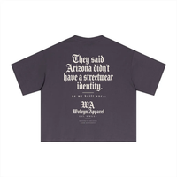 Wolvyn Apparel Identity Essential Sorona Boxy Tshirt on dark purple with white gothic back print and logo.