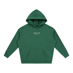 Oversized fleeced hoodie, Foundations 002, green with white Wolvyn Foundations logo on chest.