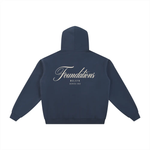 Back view of navy Wolvyn Apparel Foundations Script zip-through hoodie with Foundations logo and Series 002