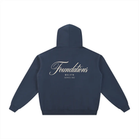Back view of navy Wolvyn Apparel Foundations Script zip-through hoodie with Foundations logo and Series 002