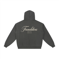 Hoodie back view in charcoal fleece zip-through with Foundations script logo; Wolvyn Apparel, ODMPOD Series 002.