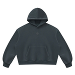 Wolvyn Apparel Foundations Layer 002 vintage wash boxy fleece hoodie, front view with hood up and kangaroo pocket.