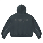 Foundations Layer 02 hoodie by Wolvyn Apparel, unisex vintage-wash charcoal fleece, back view.