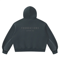 Foundations Layer 02 hoodie by Wolvyn Apparel, unisex vintage-wash charcoal fleece, back view.