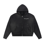 Zippered hoodie in black with Wolvyn Apparel logo, sun-fade frayed raw-edge fleece and front pockets