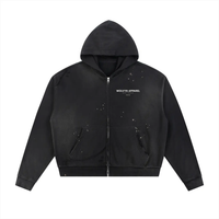 Zippered hoodie in black with Wolvyn Apparel logo, sun-fade frayed raw-edge fleece and front pockets