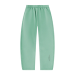 Wolvyn Apparel Foundations Layer 002 unisex vintage-wash mint fleece sweatpants, barrel-leg, flat lay.