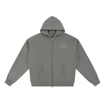 Hoodie, gray fleece zip-front with front pockets and small chest print; Wolvyn Apparel Foundations Hoodie.
