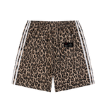Leopard print heavyweight shorts with white side stripes and Villain by Wolvyn label