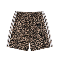 Leopard print heavyweight shorts with white side stripes and Villain by Wolvyn label