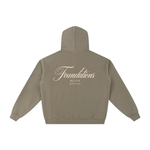 Wolvyn Apparel Foundations Script fleece hoodie; back view in taupe with large Foundations script.