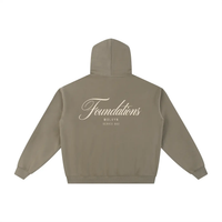 Wolvyn Apparel Foundations Script fleece hoodie; back view in taupe with large Foundations script.