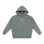 Front view of oversized fleeced hoodie in slate gray with kangaroo pocket; Wolvyn Apparel Foundations logo on chest.