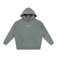 Front view of oversized fleeced hoodie in slate gray with kangaroo pocket; Wolvyn Apparel Foundations logo on chest.