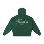 Zip-through hoodie in green fleece with Foundations script logo on back, Wolvyn Apparel, Foundations collection.
