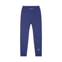 Leggings, blue high-waisted yoga pants by Wolvyn Apparel, back yoke seam and ankle logo.