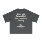Tshirt, charcoal gray Sorona, back print with gothic typography and Wolvyn Apparel branding.
