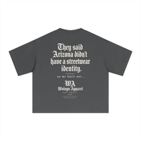 Tshirt, charcoal gray Sorona, back print with gothic typography and Wolvyn Apparel branding.