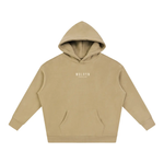 Wolvyn Apparel Foundations 002 Oversize Fleeced Hoodie, tan fleece with front pocket, hood up, front view.