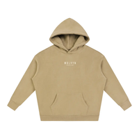 Wolvyn Apparel Foundations 002 Oversize Fleeced Hoodie, tan fleece with front pocket, hood up, front view.
