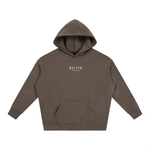 Wolvyn Apparel Foundations 002 oversized fleeced hoodie in taupe; front view with hood up and front pouch pocket.