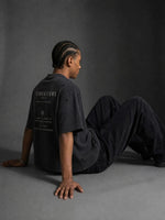 Wolvyn Apparel Foundations Stone vintage washed oversized boxy T-shirt in dark gray; back print FOUNDATIONS.
