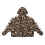 Unisex Leopard Full Zip Hoodie by ODMPOD; leopard-print hoodie with zip front and white striped sleeves.