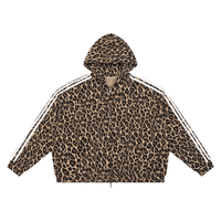 Unisex Leopard Full Zip Hoodie by ODMPOD; leopard-print hoodie with zip front and white striped sleeves.