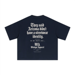 Tshirt in navy with white Gothic back print: They said Arizona didn't have a streetwear identity, Wolvyn Apparel.