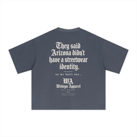 T-shirt, slate-blue Sorona fabric by Wolvyn Apparel, Identity boxy tee with bold back graphic.