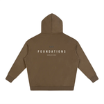Foundations 002 Oversize Fleeced Hoodie, brown, back view with white FOUNDATIONS text on back, Wolvyn Apparel.