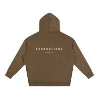 Foundations 002 Oversize Fleeced Hoodie, brown, back view with white FOUNDATIONS text on back, Wolvyn Apparel.