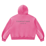 Foundations Layer 02 hoodie, pink fleece, back view, boxy unisex fit.
